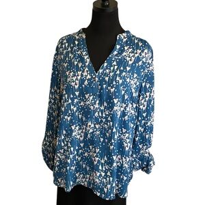 LC Lauren Conrad Blouse Blue Button Down Tab Sleeves Pink Heart Pattern XL